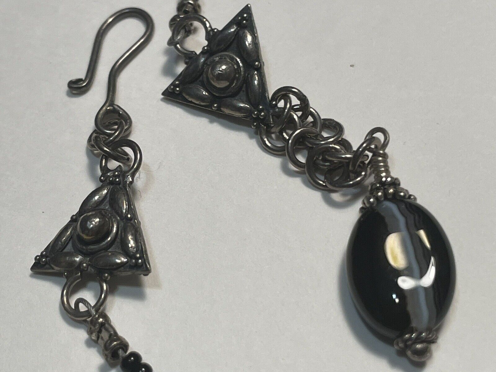 Antique Art-Deco Black Banded Agate Necklace Sterling Spacers Hook Clasp 18