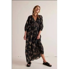 Free People Sz L Golden Hour Floral Long Sleeve Babydoll Puff Sleeve Maxi Dress
