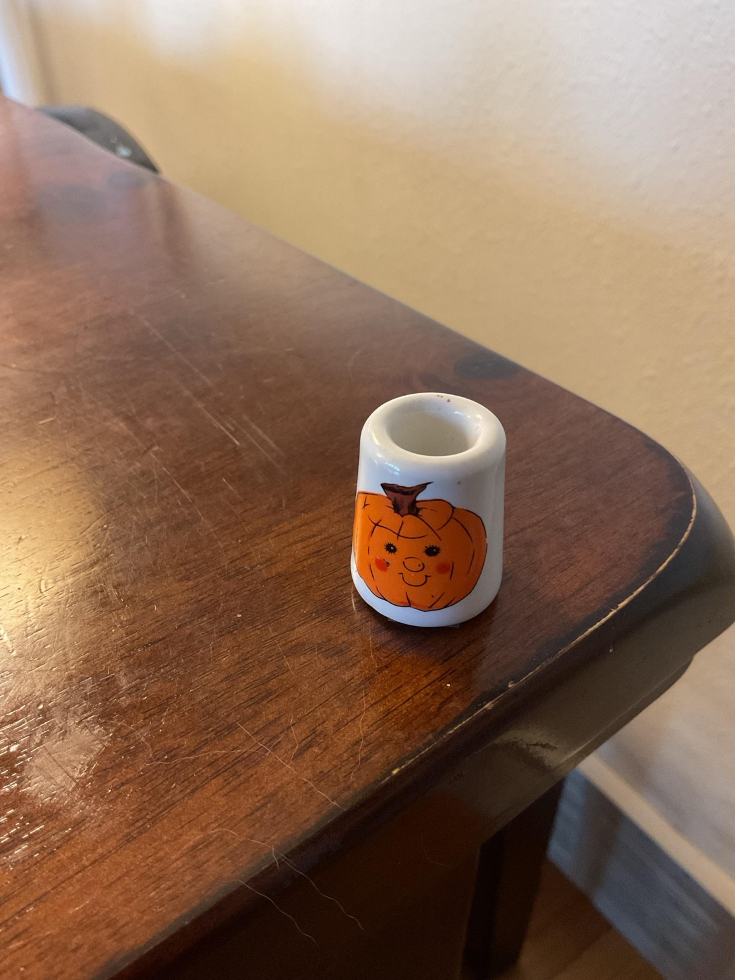 VTG Enesco Small taper Halloween ceramic candle holder Jack o lantern pumpkin