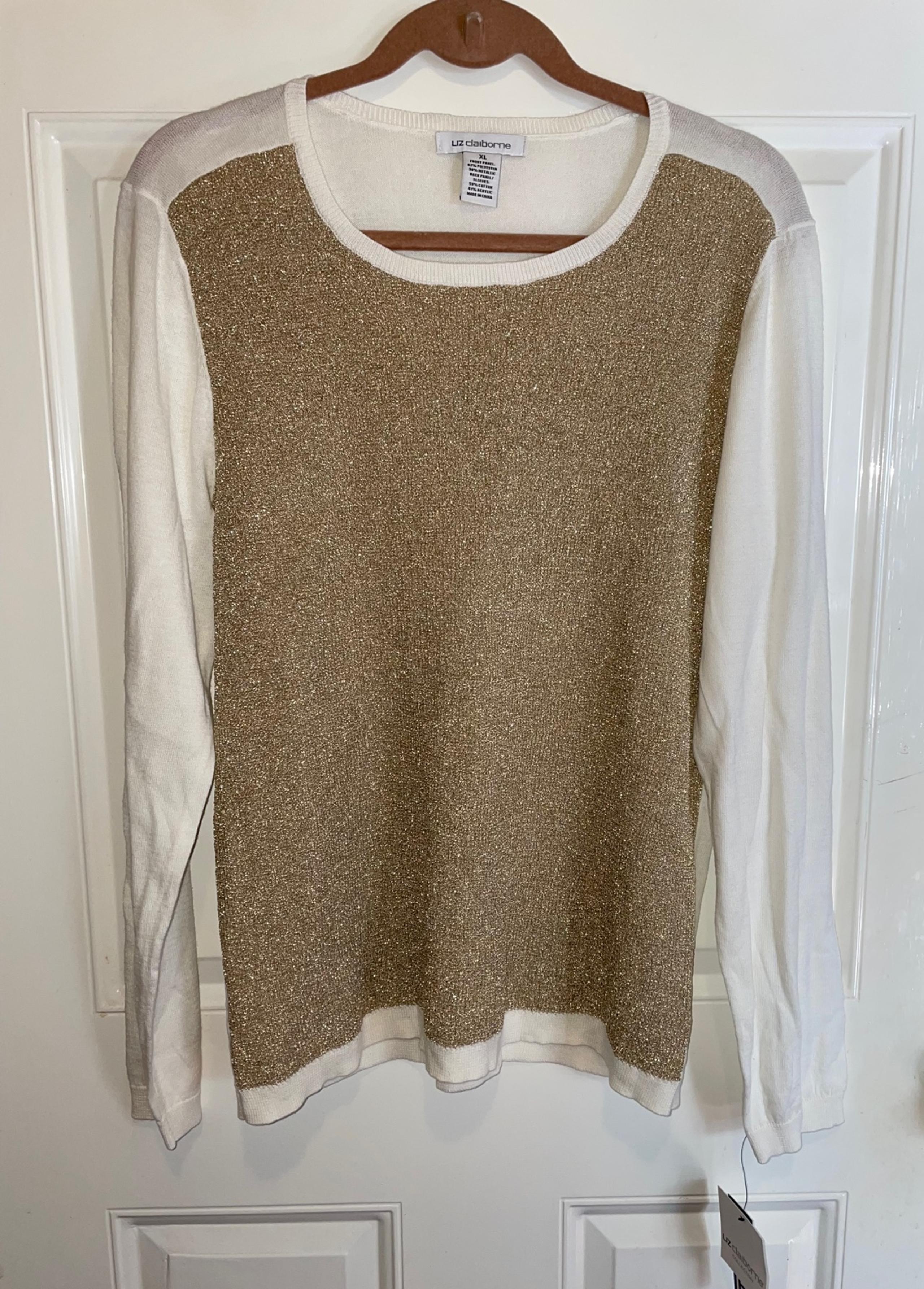 Liz Claiborne Semi-Sheer Gold Metallic Cream Color Block Scoop Neck Sweater