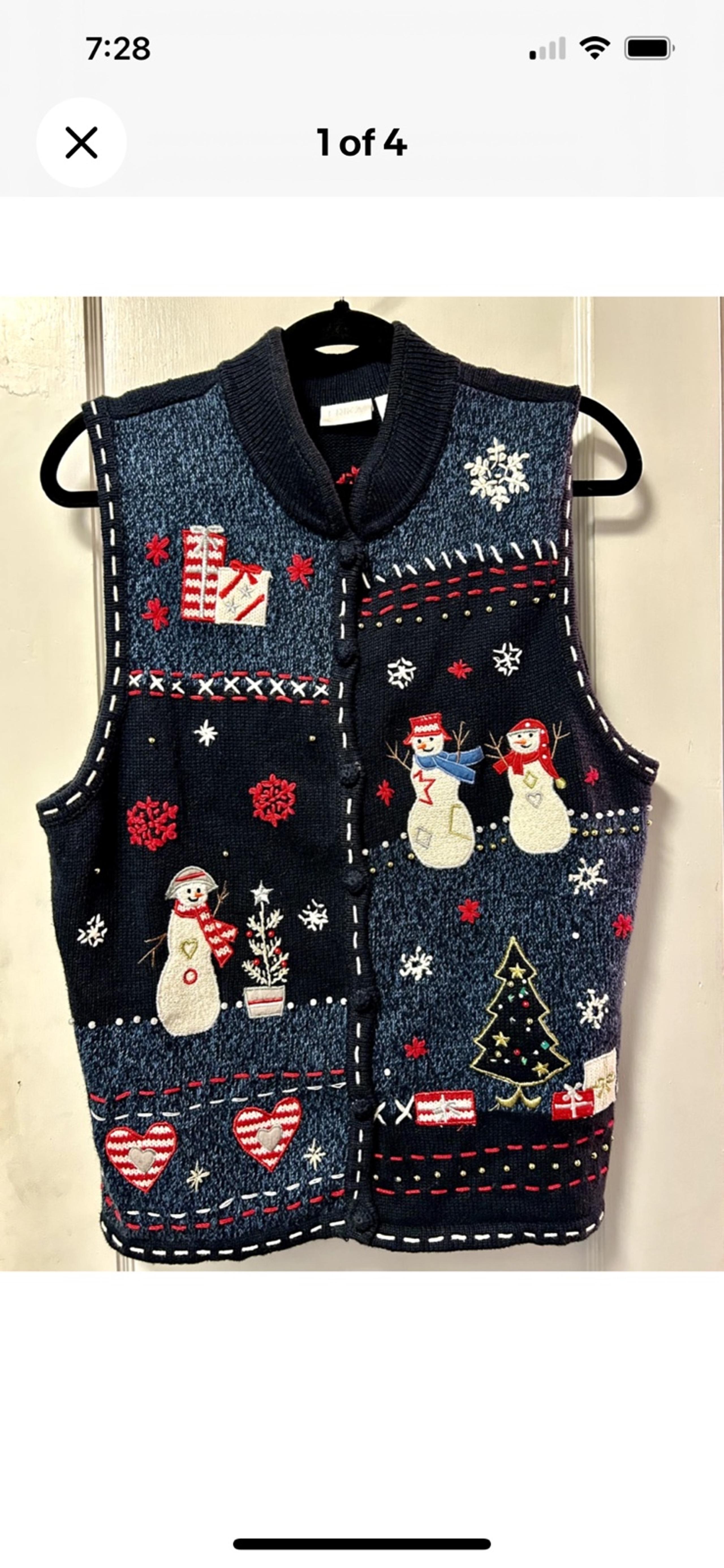 Women’s ERIKA Blue Christmas Snowman Button Up Vest Size XL. Chest measurement i