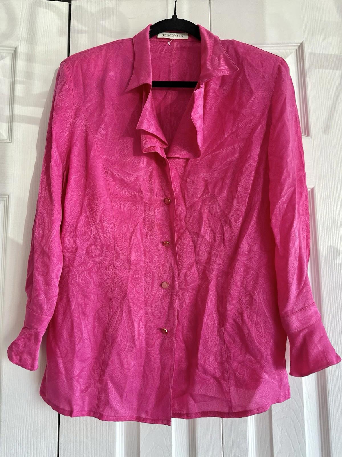 VTG Escada Pink Paisley Print Silk Blouse Padded Shoulders 100% Silk Sz 40