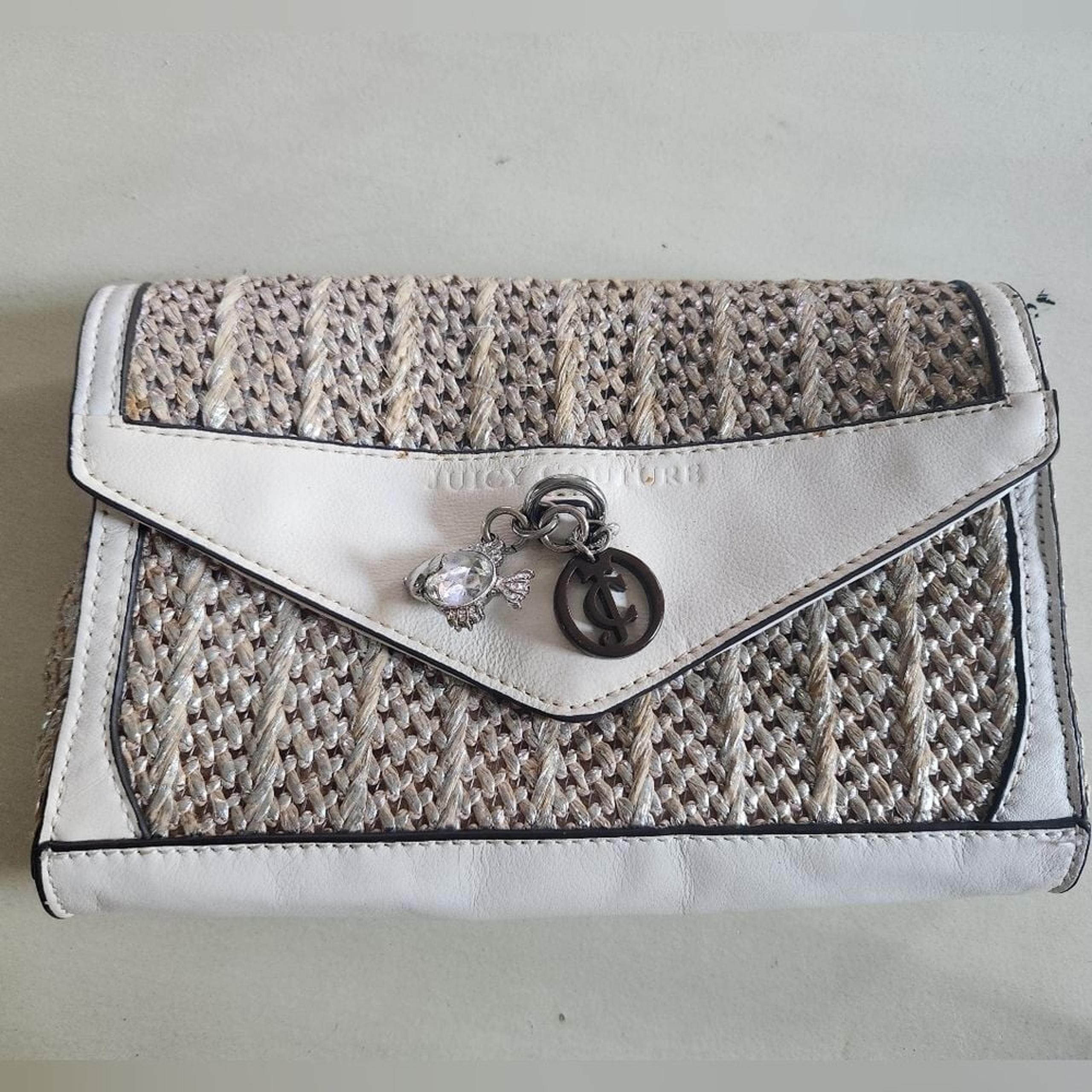 Vintage Y2K Juicy Couture Palm Springs Clutch Silver Metallic Straw White Charms