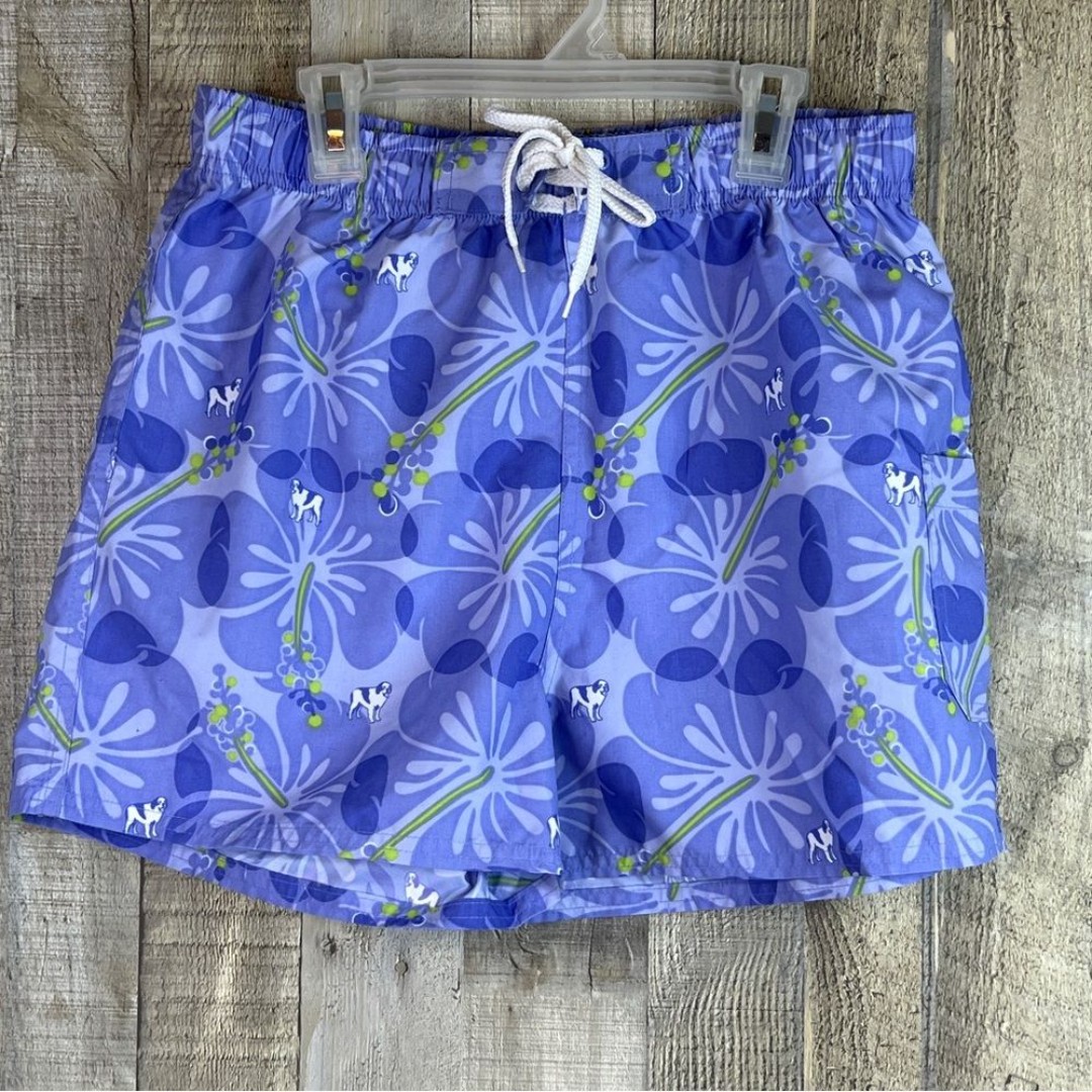 Big Dogs Size Small Swim/Athletic Purple Floral W/Dog w/v-cro Pocket Drawstring
