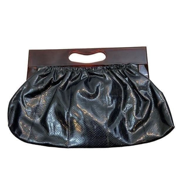 Vintage Black Vinyl Faux Leather Clutch with Tortoiseshell Plastic Handle 60s