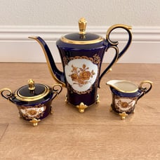 Vtg Lindner West Germany Etch Cobalt Gold Trim Tea Coffee Pot Creamer Sugar Bowl