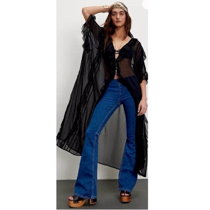 Free People Penny Flare Jeans Pull On Bell Bottom Blue Denim Women's Size 27