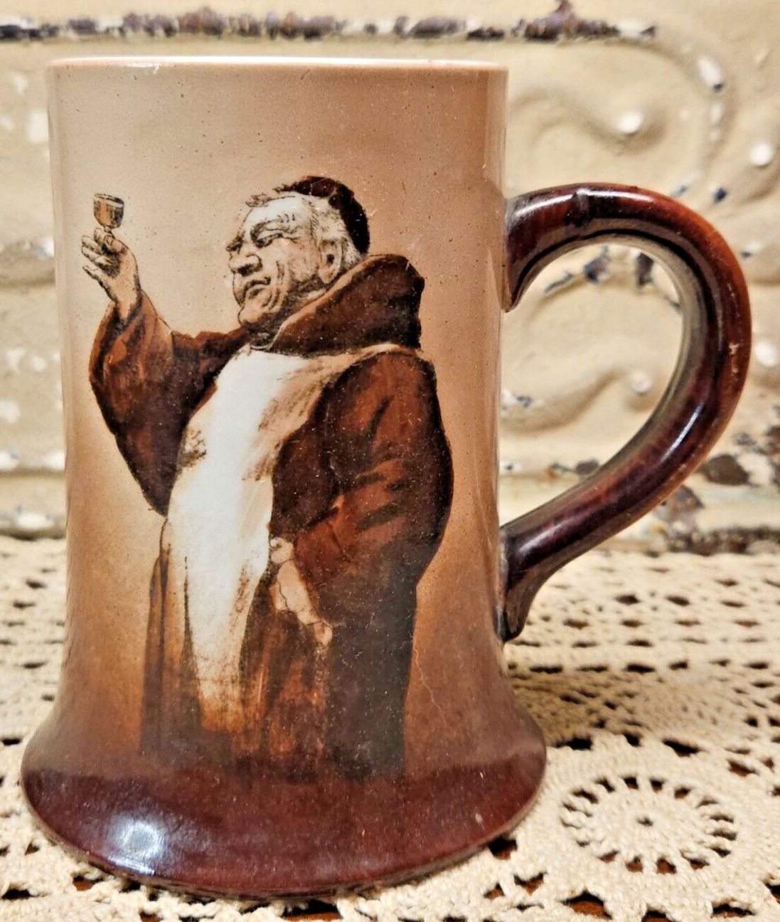 Vtg Brown Ceramic Monk Friar Transfer Beer Mug Stein (read)