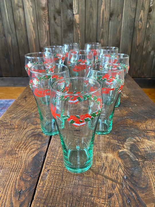 10 Coca-Cola Christmas Holly & Bells Clear Green Tint Drinking Glasses