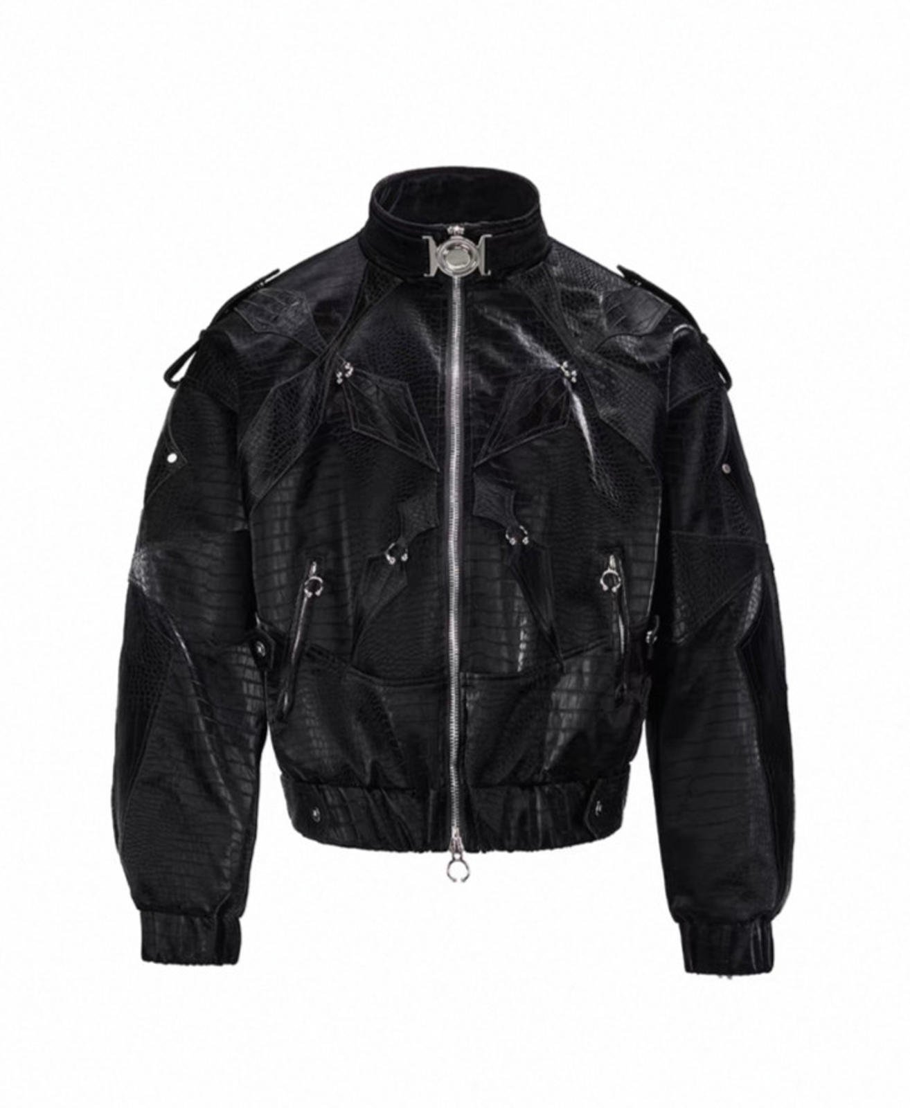 FLYERRER Four-Pointed Star Rivet Faux Feather Biker Jacket
