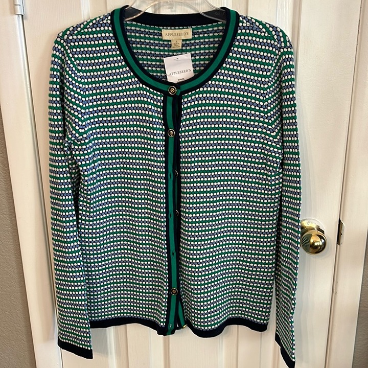 Appleseeds Women’s (S) Multicolor Dot Striped Cardigan Soft Sweater NWT Classic