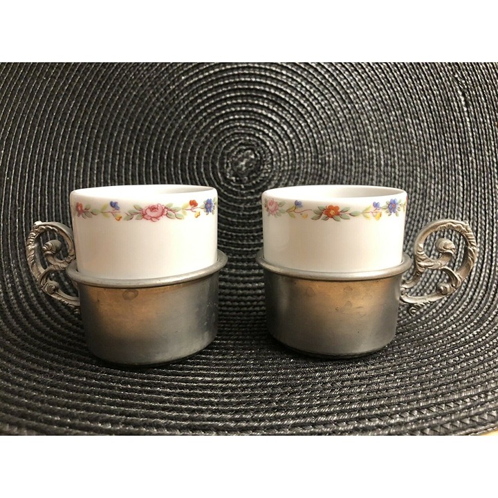 Vtg IPA Pair of Espresso Ceramic Cups Dainty Floral Border Metal Pewter Holder