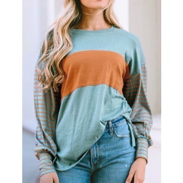 OFEEFAN Long Sleeve Sweat Top Womens Large Colorblock Striped Teal Orange Shirt