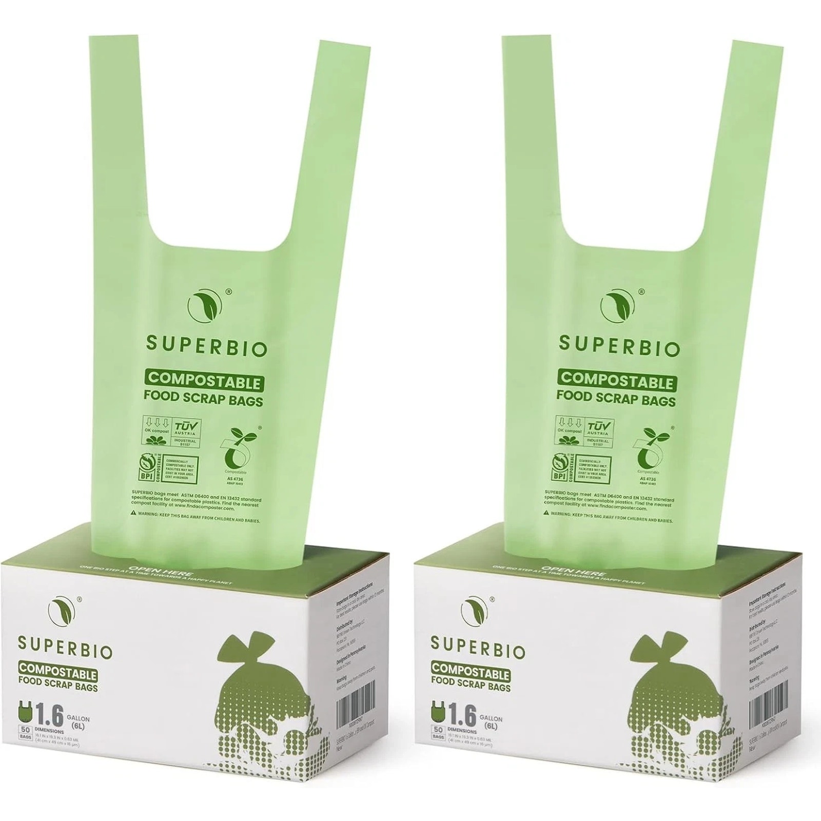 100Pk SUPERBIO 1.6 Gallon Handle Tie Compostable Food Scrap Bags Counter Top Bin