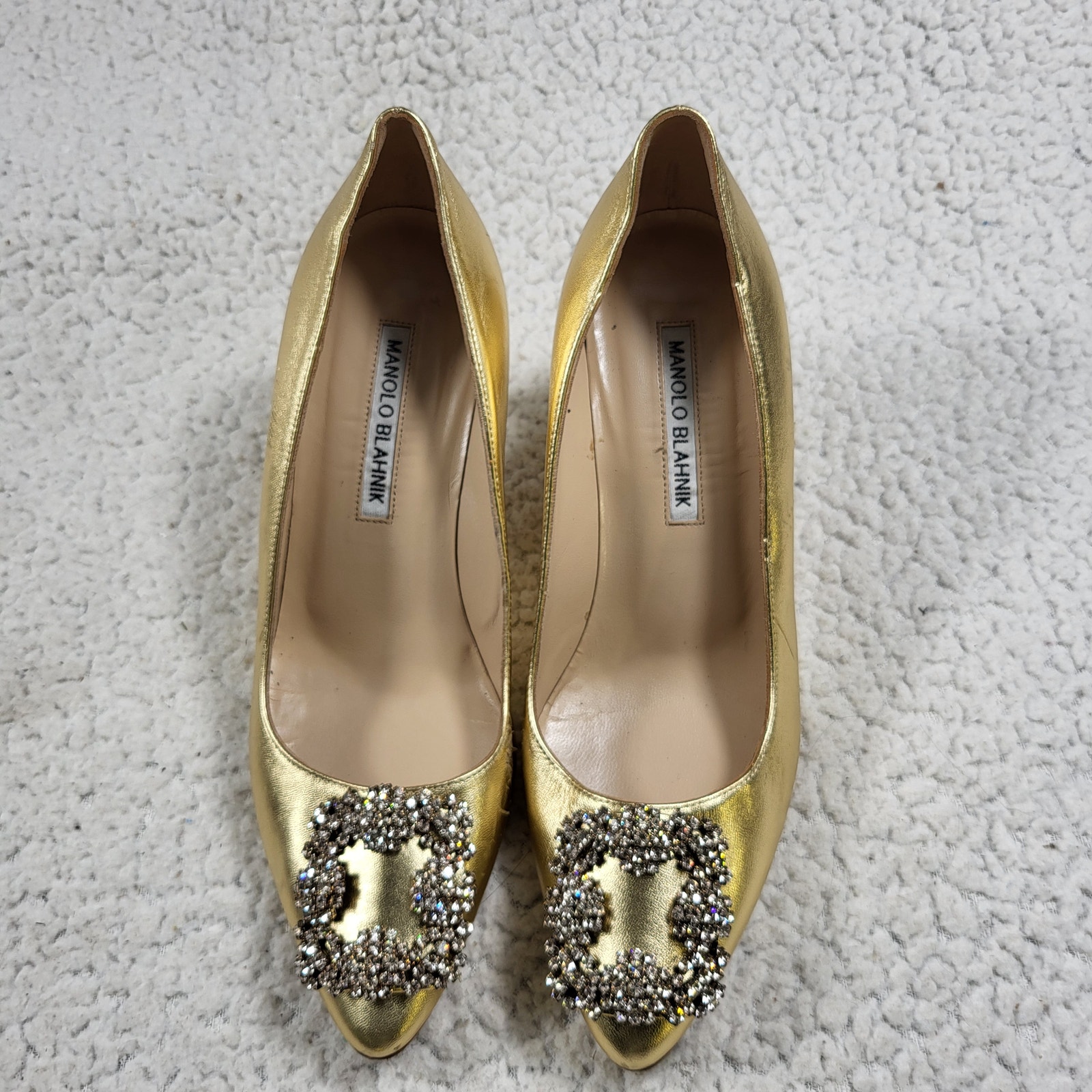 Manolo Blahnik Gold Leather Hangisi Rhinestone Buckle Heels size 37 US 7