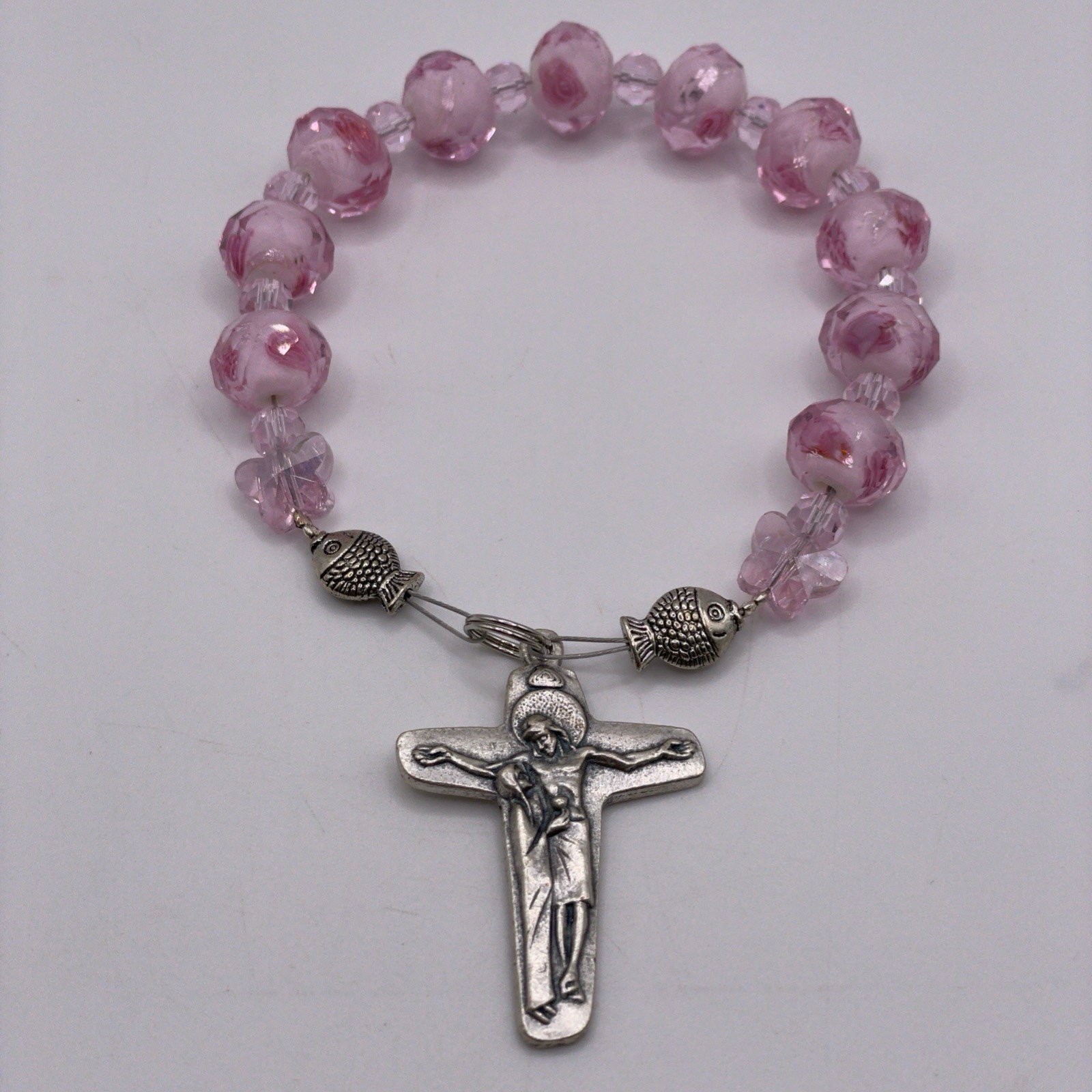 Artisan Rose Pink Glass Mother Lady Sorrows Charm Bracelet Rosary Chaplin Italy