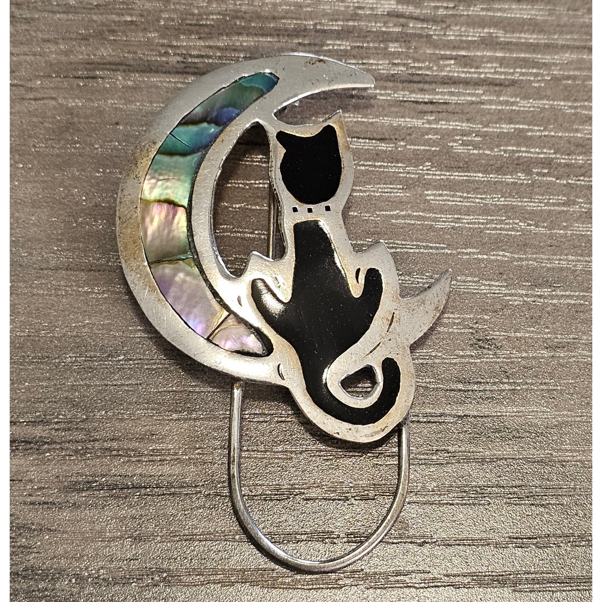 Vintage Alpaca Silver & Abalone Cat on the Moon Brooch w/ Optional Badge Holder