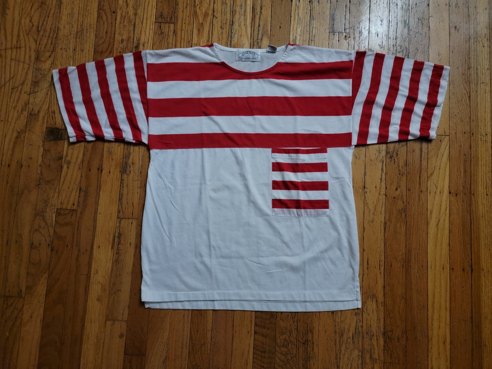 Vintage MARQUIS Striped SHIRT Pocket Tee SINGLE STITCH T-SHIRT Red & White RARE