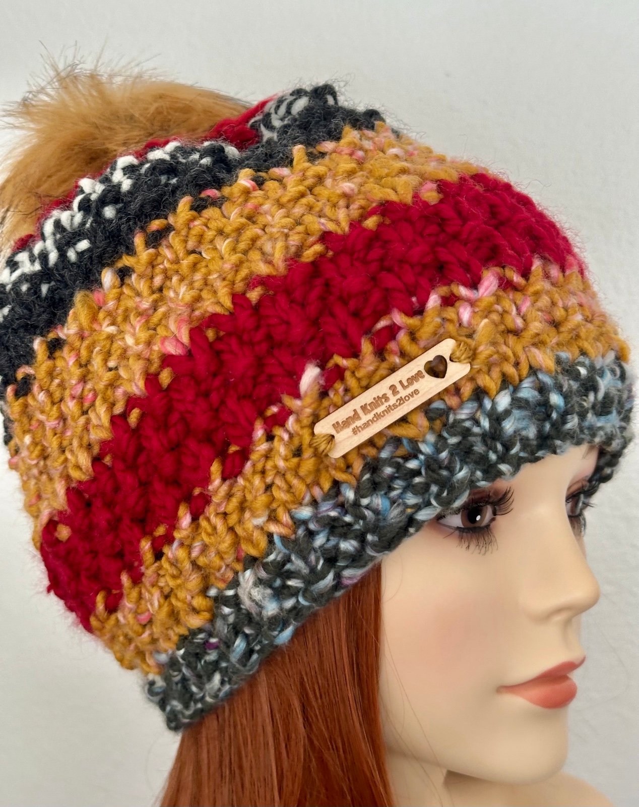 Hand Knits 2 Love Beanie Slouch Hat Cap Faux Fur Pom Pom Semi Chunky Designer