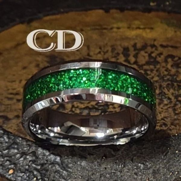 Men's Real Silver Tungsten Wedding Ring With Green Galaxy Opal Inlay Size 7
