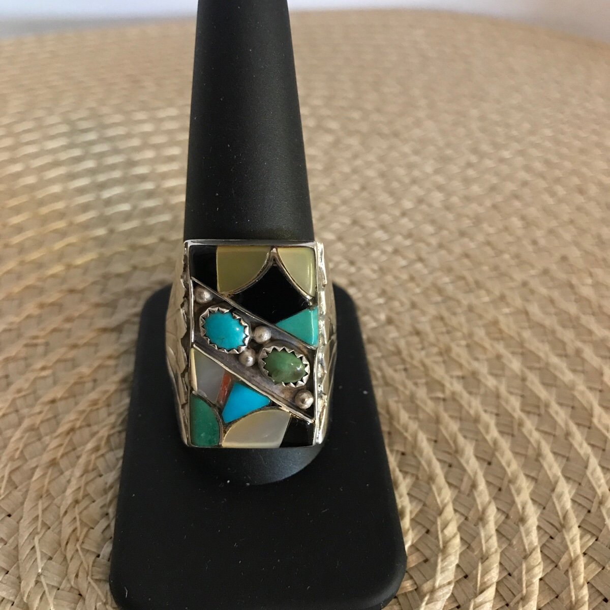 Navajo SAMPSON YAZZIE SY Turquoise Sterling Inlay Ring Size 11