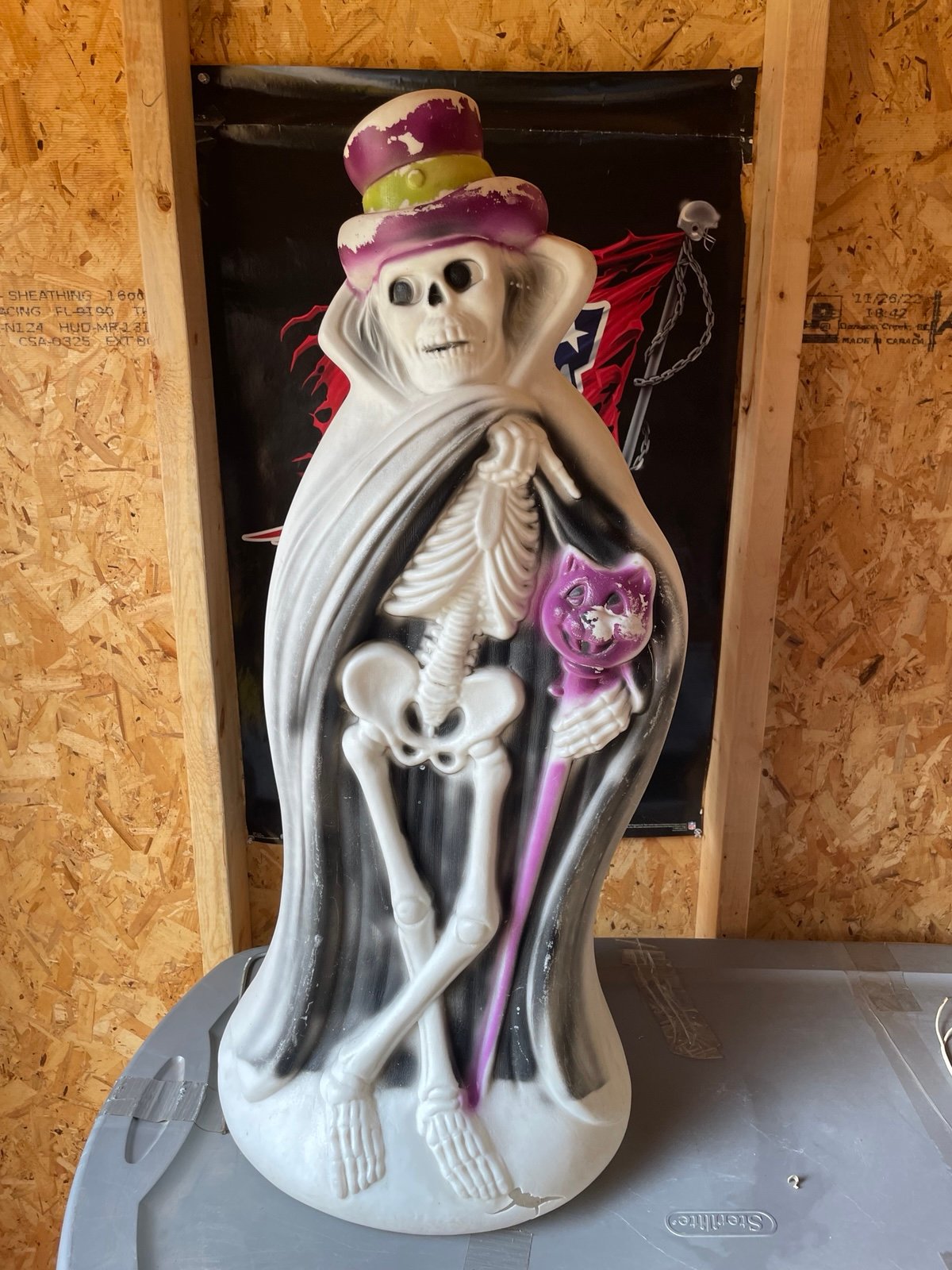 Vintage General Foam Plastics Blow Mold Halloween Skeleton Cape Top Hat 33 Inch