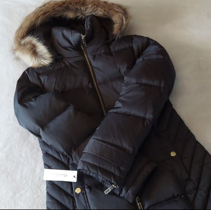 NWT Kenneth Cole NY Faux Fur Mocha Full Zip Down Coat XSmall