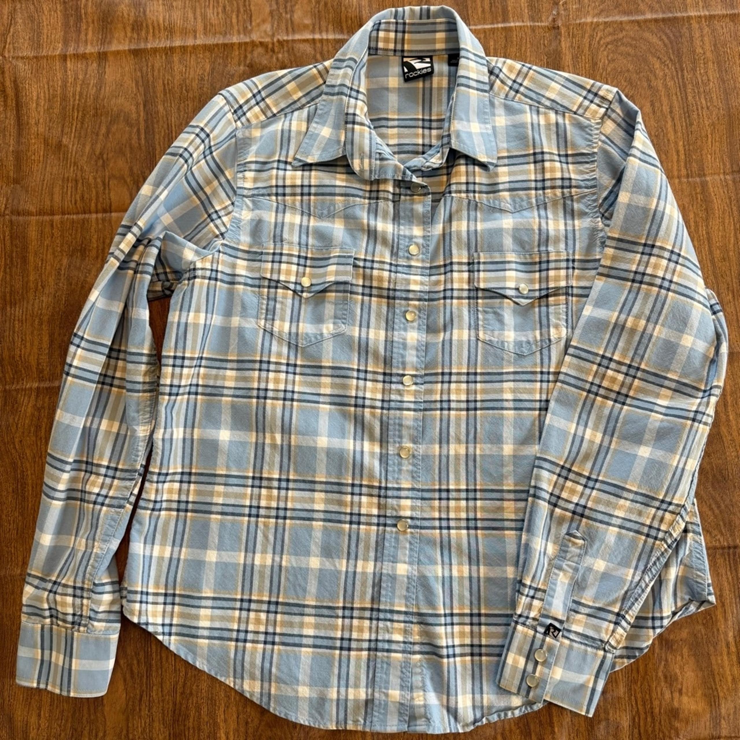NWOT Rockies Western Yoke Pearl Snap Plaid Shirt XL Blue Tan