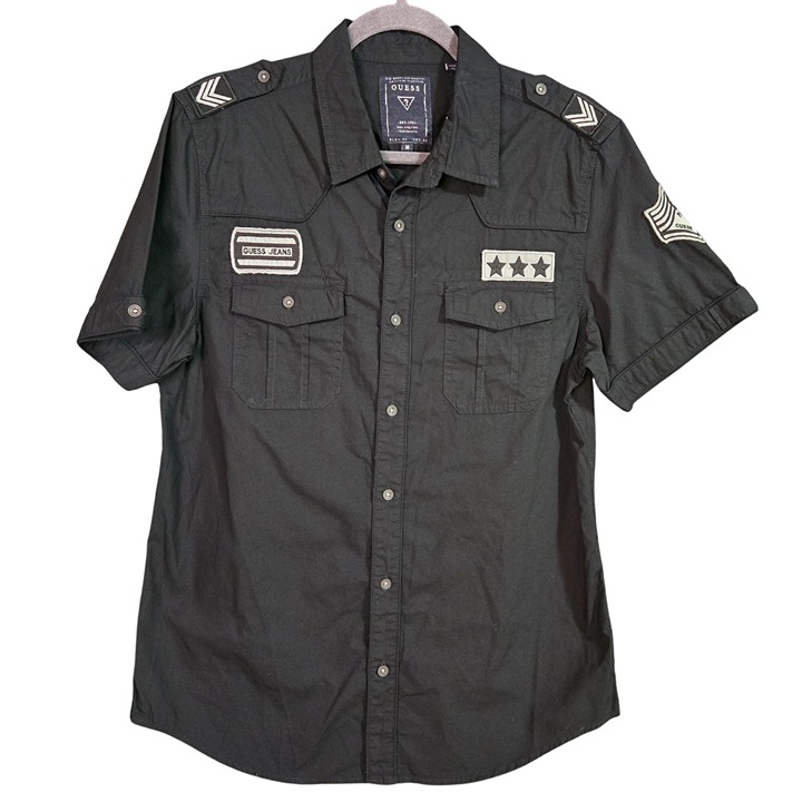 NWT Guess Mens Military-Inspired Army Patches Y2K Black Short Sleeve Shirt M Co