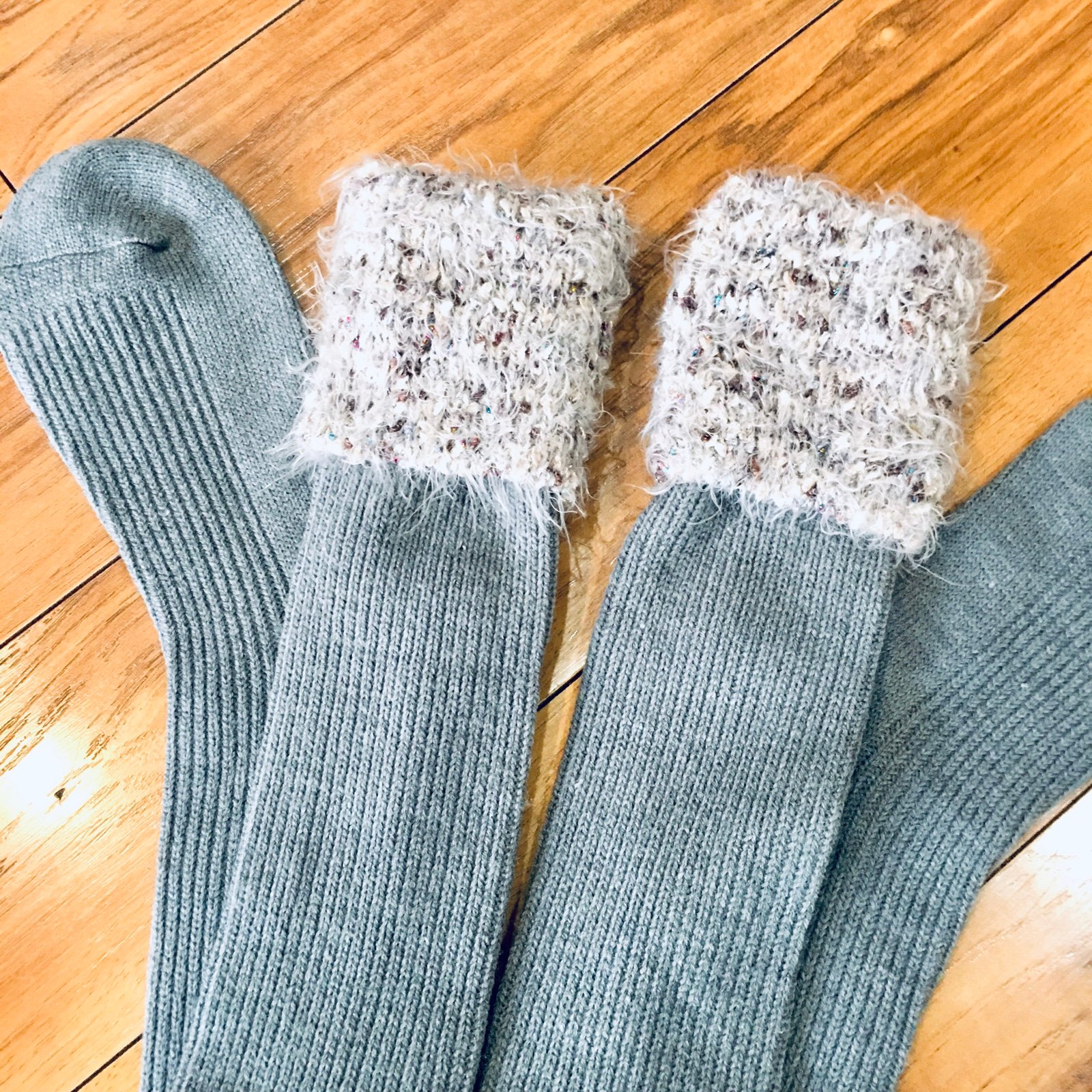 Knee high sock style cling ribbed knit cotton faux fur Sherpa style grey gray