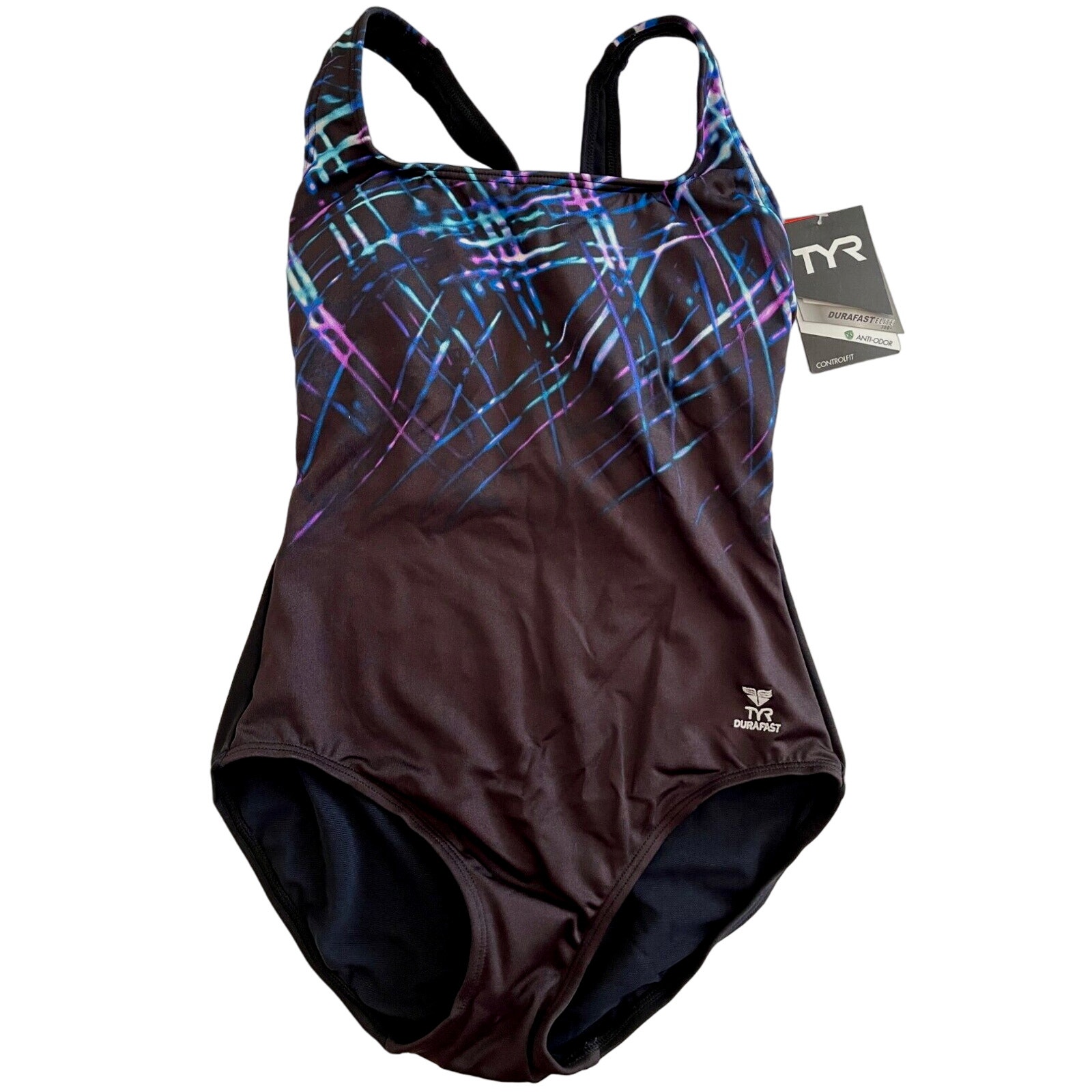 TYR DuraFast Elite STREAMERS Aqua ControlFit 1pc Swimsuit Purple Sz 8 - 80
