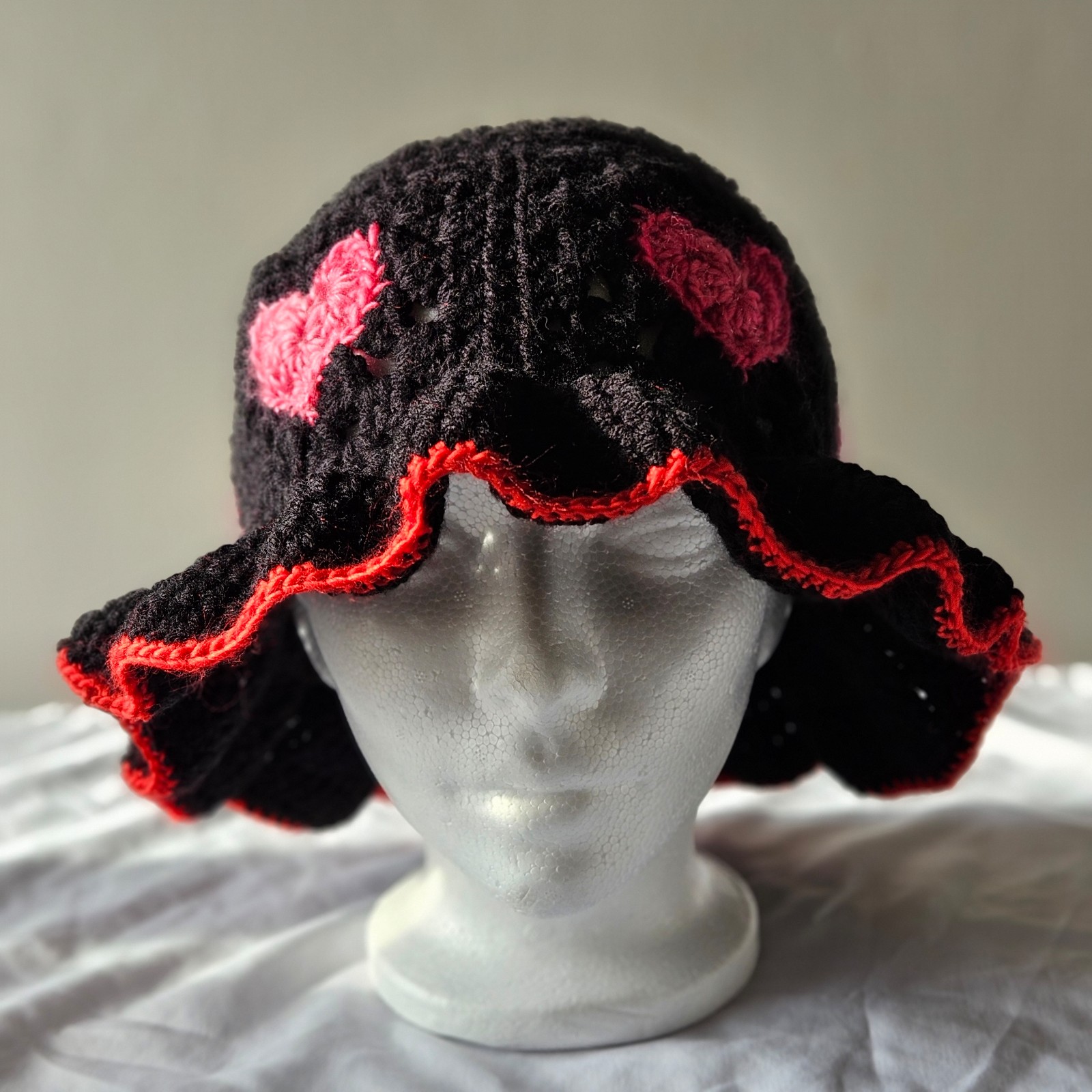 Handmade Crochet Gradient Hearts Bucket Hat