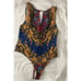 Free People NEW Royal Blue and Gold Filigree Sleeveless Thong Bodysuit NWT L