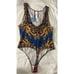 Free People NEW Royal Blue and Gold Filigree Sleeveless Thong Bodysuit NWT L