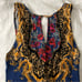 Free People NEW Royal Blue and Gold Filigree Sleeveless Thong Bodysuit NWT L