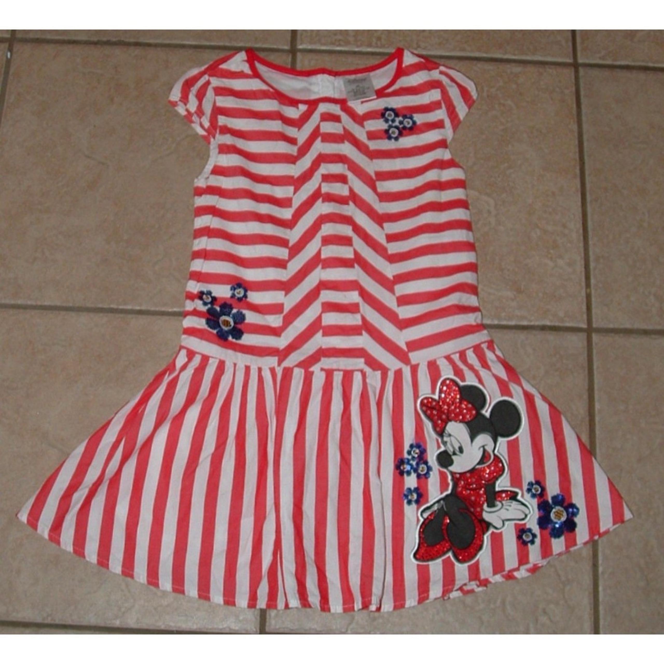DISNEY Girls Sz 5/6 Embellished Red Striped MINNIE MOUSE Lined Cotton Dress