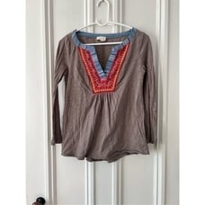Anthro Meadow Rue Boho embroidered v-neck brown blue and pink long sleeve shirt