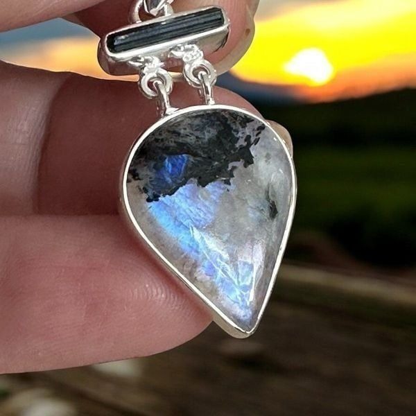 Sterling Silver Natural Black Tourmaline In Rainbow Moonstone Pendant