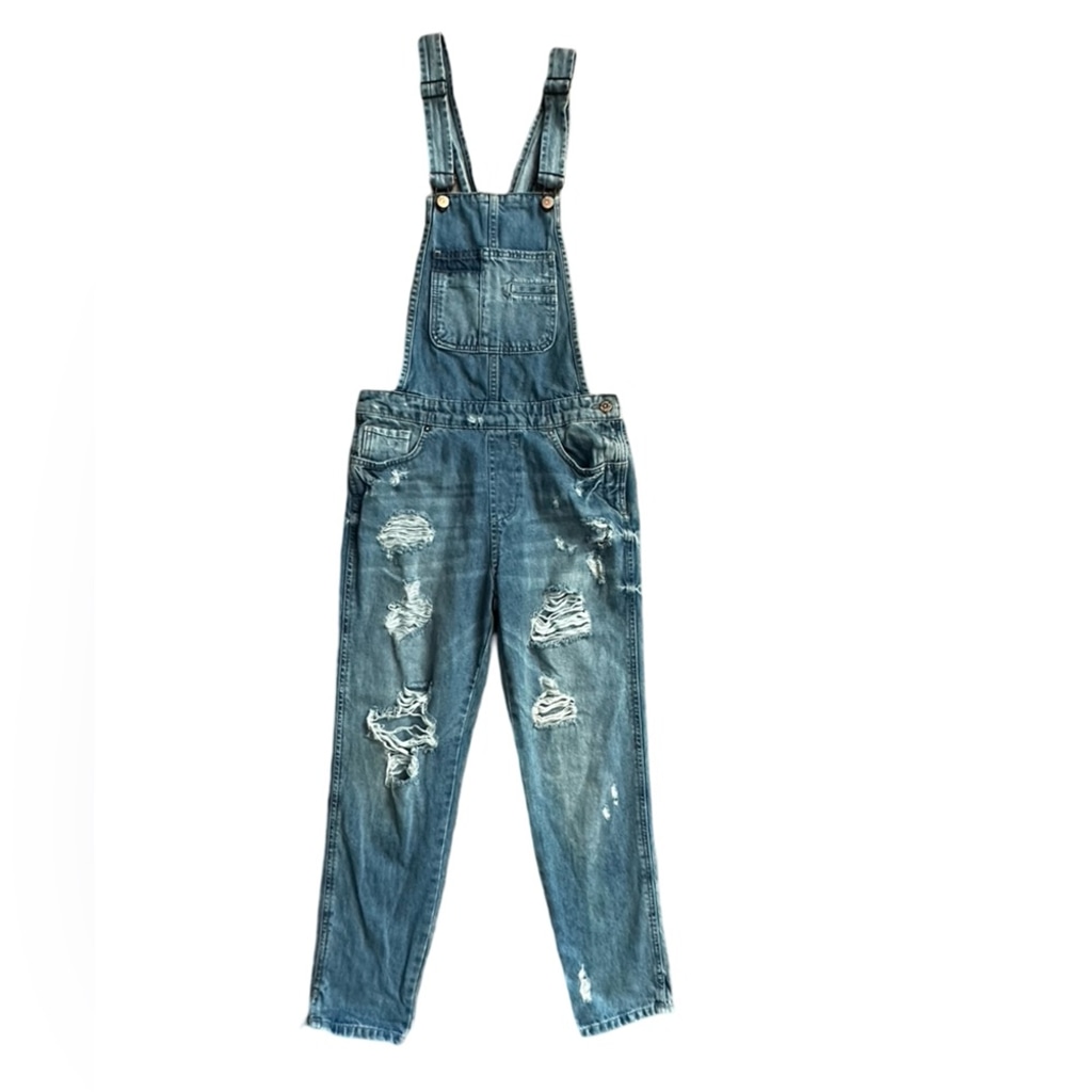 TRAFALUC by ZARA Distressed Denim Overalls Blue Light-Wash Women’s Size XS.