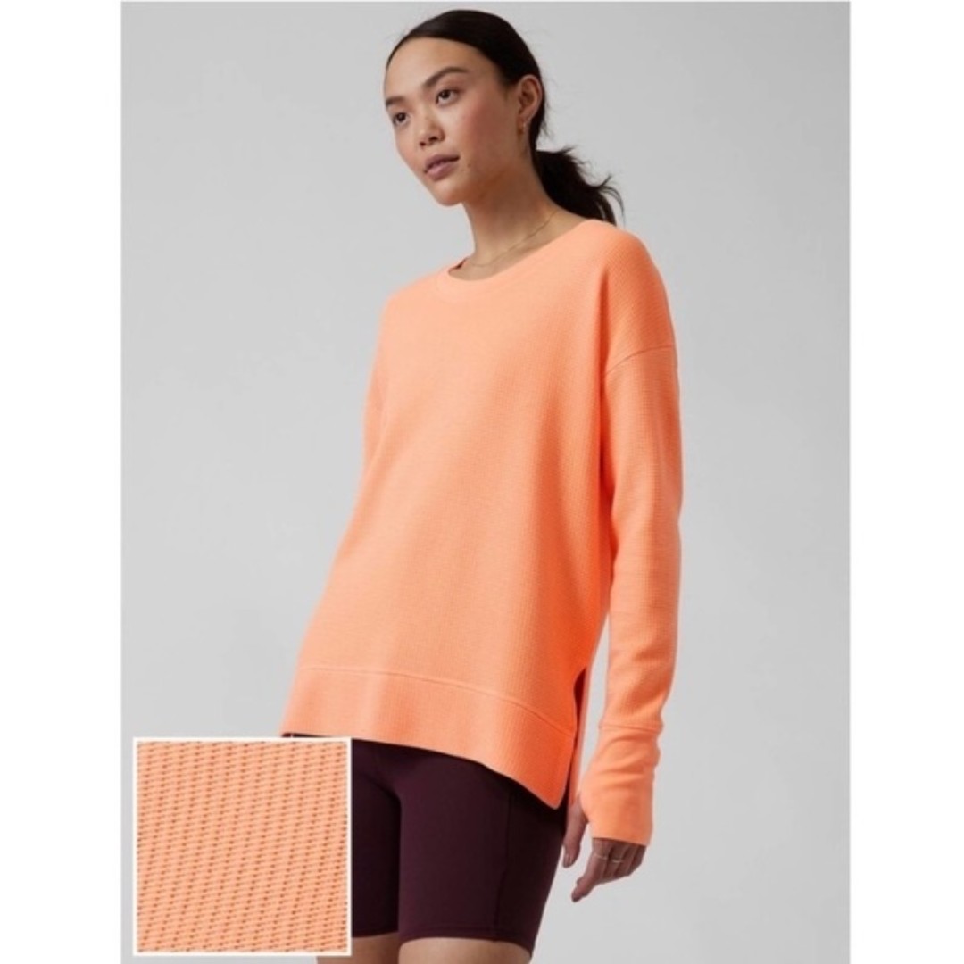 Athleta Coaster Luxe Waffle Knit Long Sleeve Sweatshirt in Orange size XL