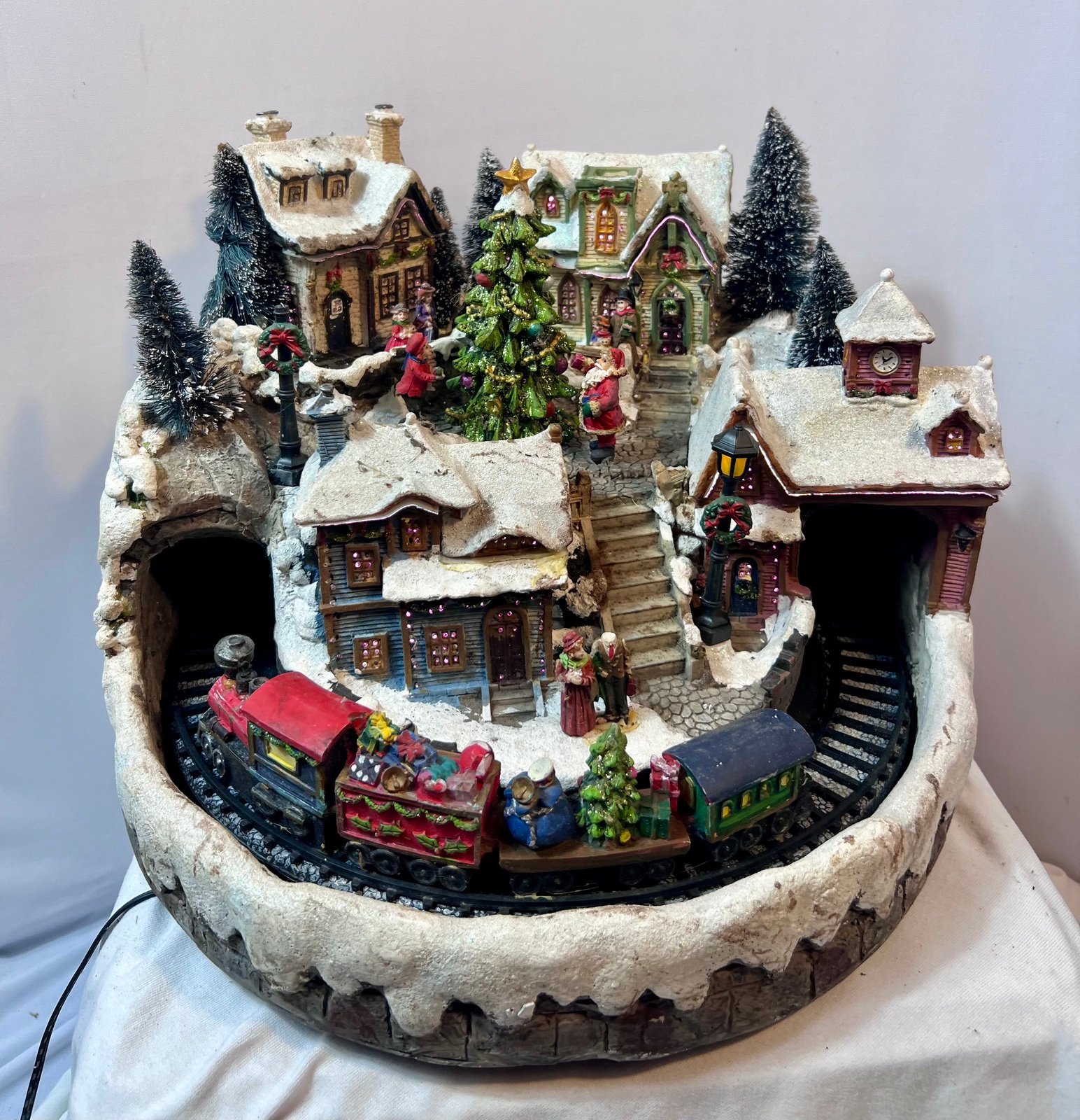 Animated Musical Christmas Village Scene Moving Train Color Changing Lights