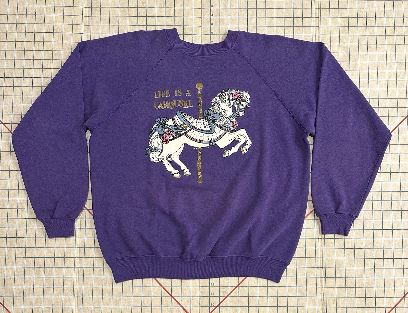 90s Vintage Unicorn L/XL Sweatshirt 80s Horse Carousel Flowers Purple Cottage