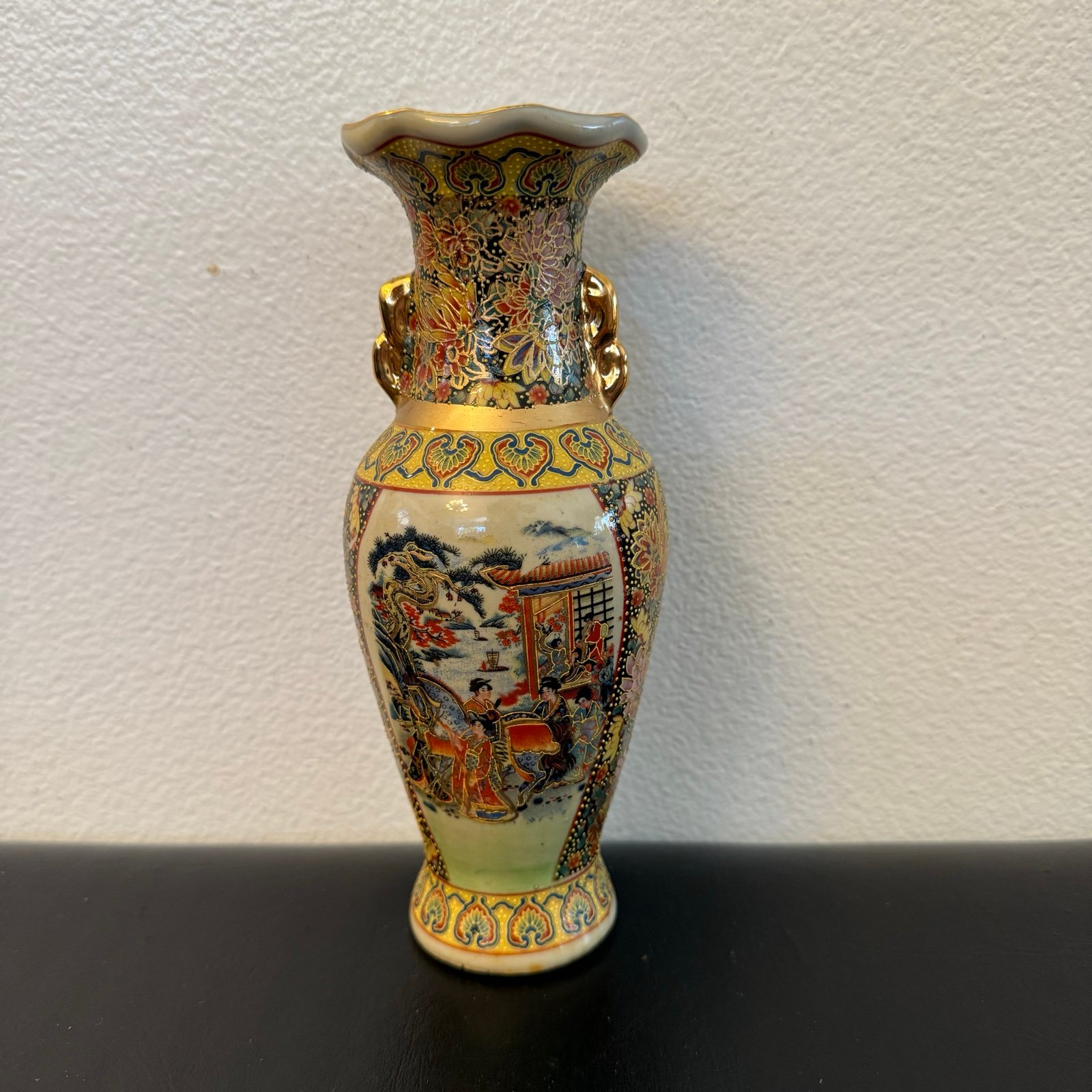 Vintage Japanese Satsuma Moriage Style Vase 8 Giesha Floral