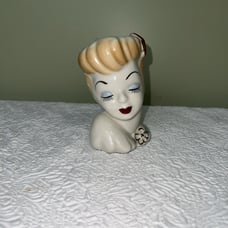 Vintage Lady Head Vase Planter 1940s Glamour Girl Blue Eyeshadow Red Lipstick