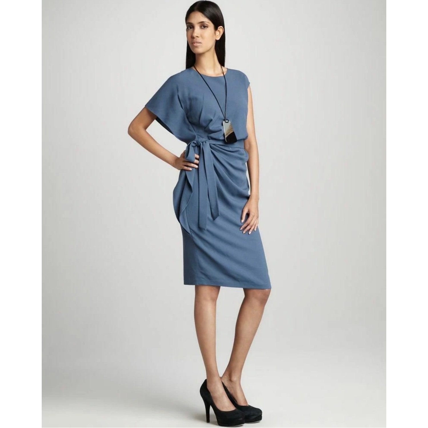 Lafayette 148 Blue Wool Asymmetrical Side Ruffle Gathered Sheath Dress Size 10