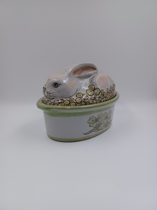 Vintage Louisville Stoneware Bunny & Shamrock Covered Dish
