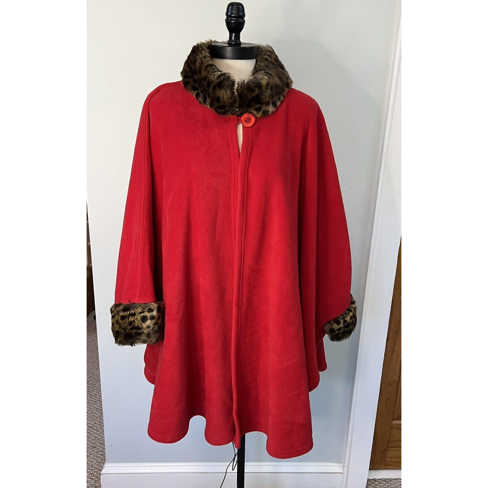 VTG Parkhurst Fleece Cape Faux Fur Animal Print Trim O/S Glamour Old Money