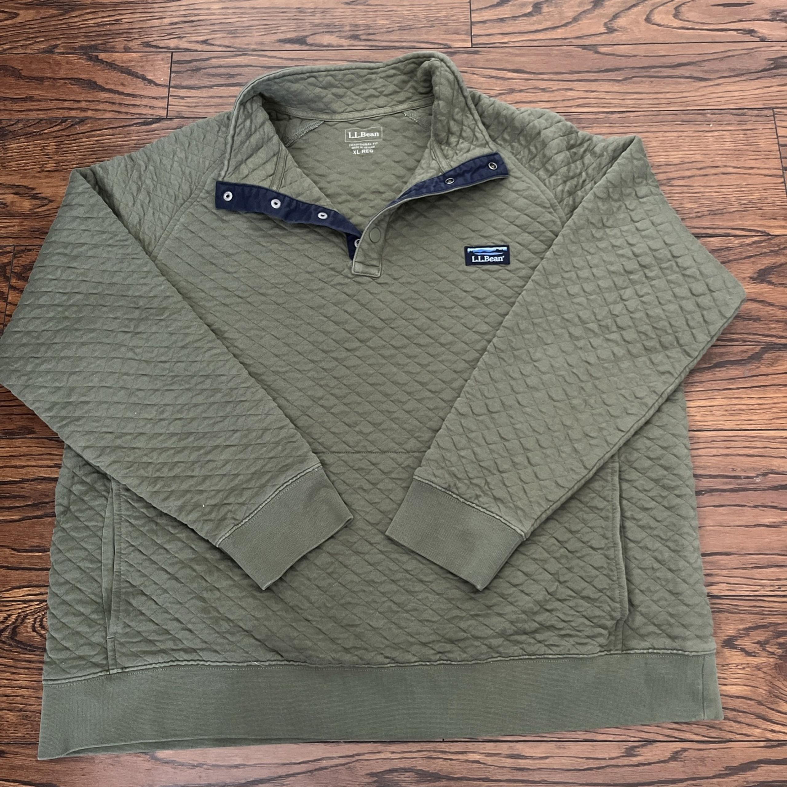 Mens LL Bean Quilted Mockneck Pullover Button Neck Sweatshirt Green XL