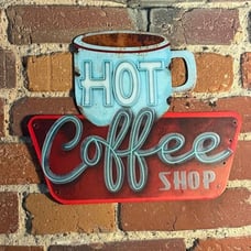 Vintage Tin Sign, Hot Coffee Shop, Embossed Metal Sign, 14 x 11.5 Inch