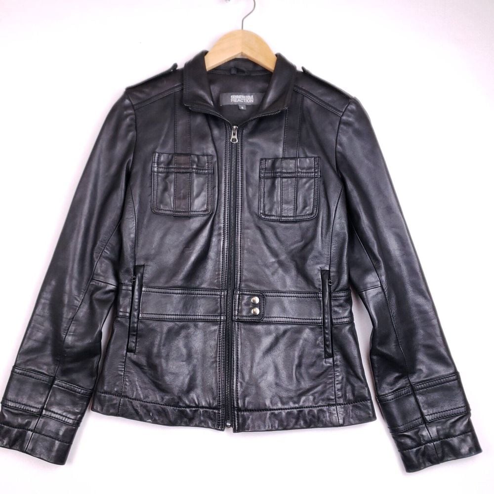 Kenneth Cole Reaction Leather Moto Jacket Women Small Black Edgycore Urban Style